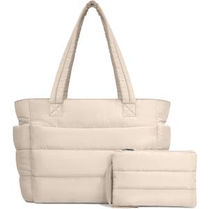 TOPDesign Puffer Tote Bag for Women, Lightweight Puffy Handbag with Compartments, Quilted Shoulder Bag for Work, Travel, Gym Beige Medium