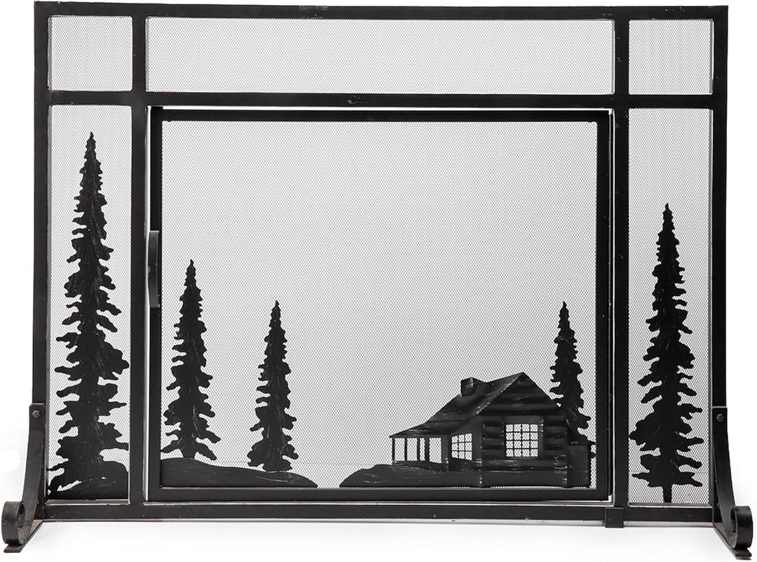 Plow & Hearth Metal Fireplace Screen Cabin Black | 44" W x 33" H | Magnetic Hinged Door | Spark Guard Cover | Stand Alone Wrought Iron Panel Fire Place Cover