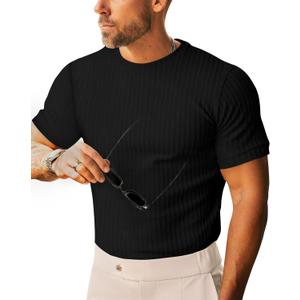Beotyshow Men's Ribbed Knit T Shirts Short Sleeve Crew Neck Slim Fit Stretchy Muscle Shirts Basic Solid Tee Tops (Black, Small)