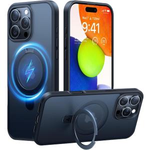 TORRAS Ultra-Magnetic Ostand for iPhone 16 Pro Case, [Compatible with MagSafe] [Flexible Stable Stand] Military-Grade Protection Translucent Slim Anti-Scratch Ring Kickstand, Frosted Black 6.3"