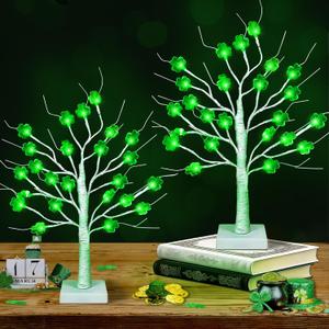 [Timer] 2 Pack St. Patrick's Day Decorations Indoor, 24 Inch St. Patrick's Day Tree with 24 Shamrock Green Lights, USB & Battery Operated Birch Tree St Patricks Day Table Decorations Indoor Home Party