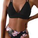 Tainehs Women's Push Up V Neck Bikini Sets Criss Cross Back Two Piece Bathing Suit (Large, Black Floral)