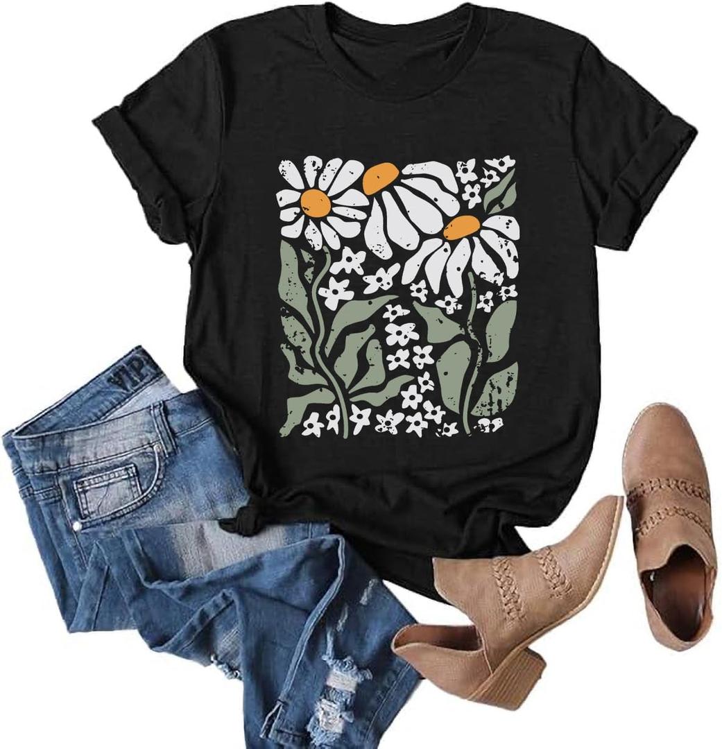 Cute Boho Floral Graphic T-Shirt for Women Vintage Daisy Wildflower Print Tee Trendy Summer Casual Tops (Medium, Black)