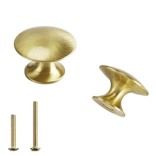 GUDBRUZ Gold Knob for Dresser Solid Brass 5 Pack Compact Round Cabinet Knob 1-inch (25mm) Brushed Finish, Modern Drawer Pulls for Dresser, Cupboard, Kitchen, Bathroom Hardware with a Soft Shimmer