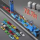 78 Inch Foldable Extended Carrier Truck Race Track Playset with Portable Storage Box 8 Die-Cast Cars, Multi-Functional Transport Truck Toys for Toddlers Ages 3-8