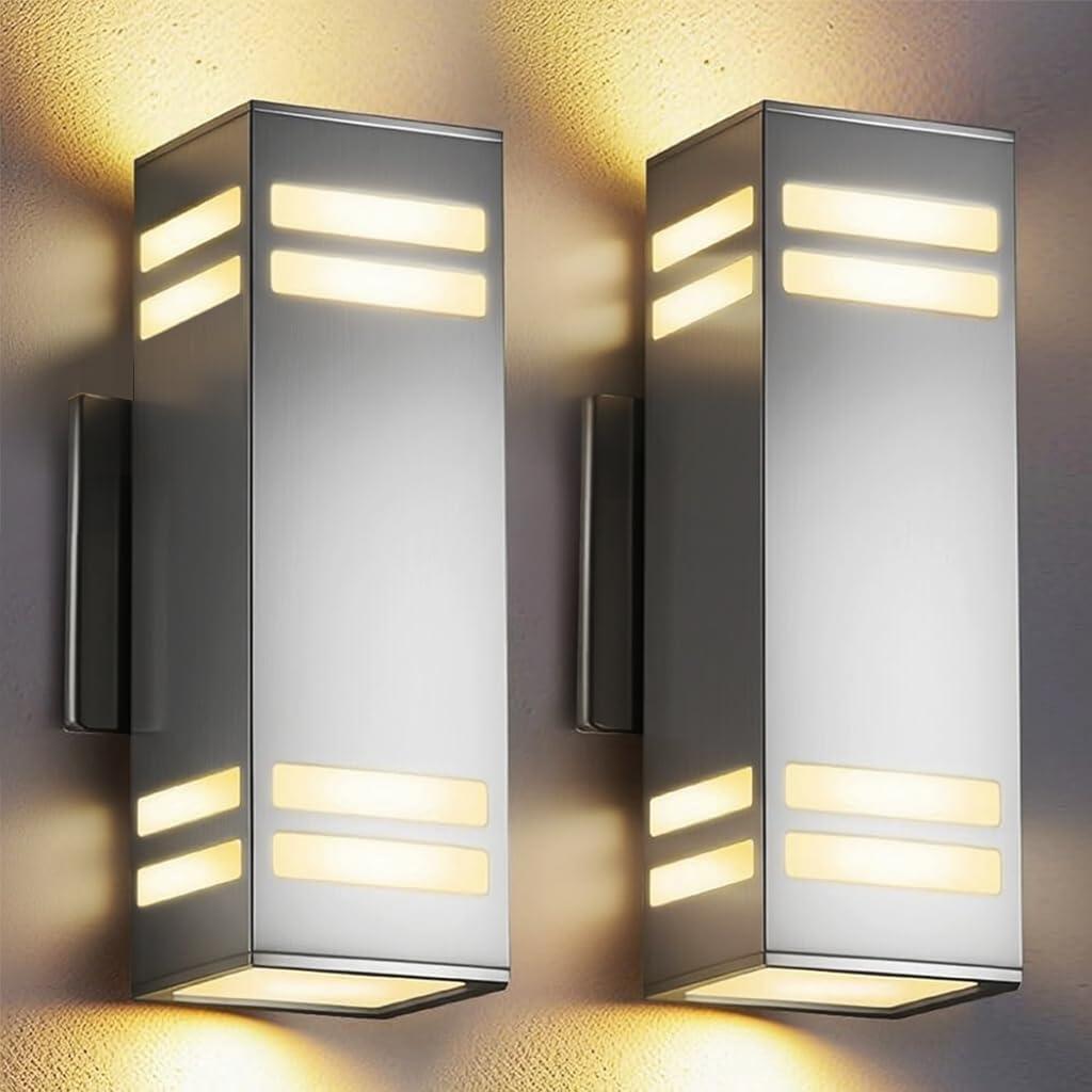 SHIMR Dusk to Dawn Outdoor Lighting 2 Pack, Up and Down Lights Stainless Steel Exterior Light Fixture with Photocell Sensor, Waterproof Modern Outside Lights for House Garage Porch, LED Bulbs Included (Silver-1)