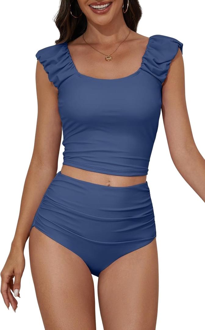 Eomenie Tankini Swimsuits for Women Ruched Tummy Control Bathing Suit Two Piece Swim Tank Top with High Waisted Bottom (Extra Large, Blue) Eomenie Tankini Swimsuits for Women Ruched Tummy Control Bathing Suit Two Piece Swim Tank Top with High Waisted Bottom (Extra Large, Blue)