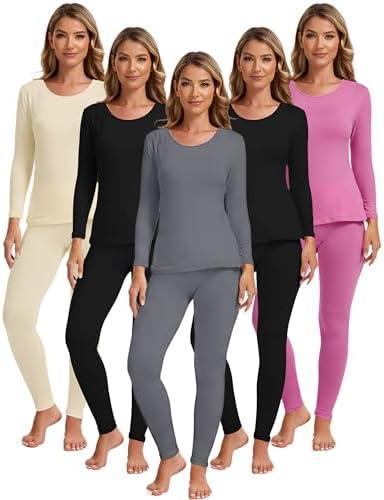 Patelai 5 Set Women Thermal Underwear Sets Fleece Lined Thermal Underwear Winter Warm Base Layer Top and Bottom, 
(Large, 2 Black, 1 Gray, 1 Beige, 1 Purple)