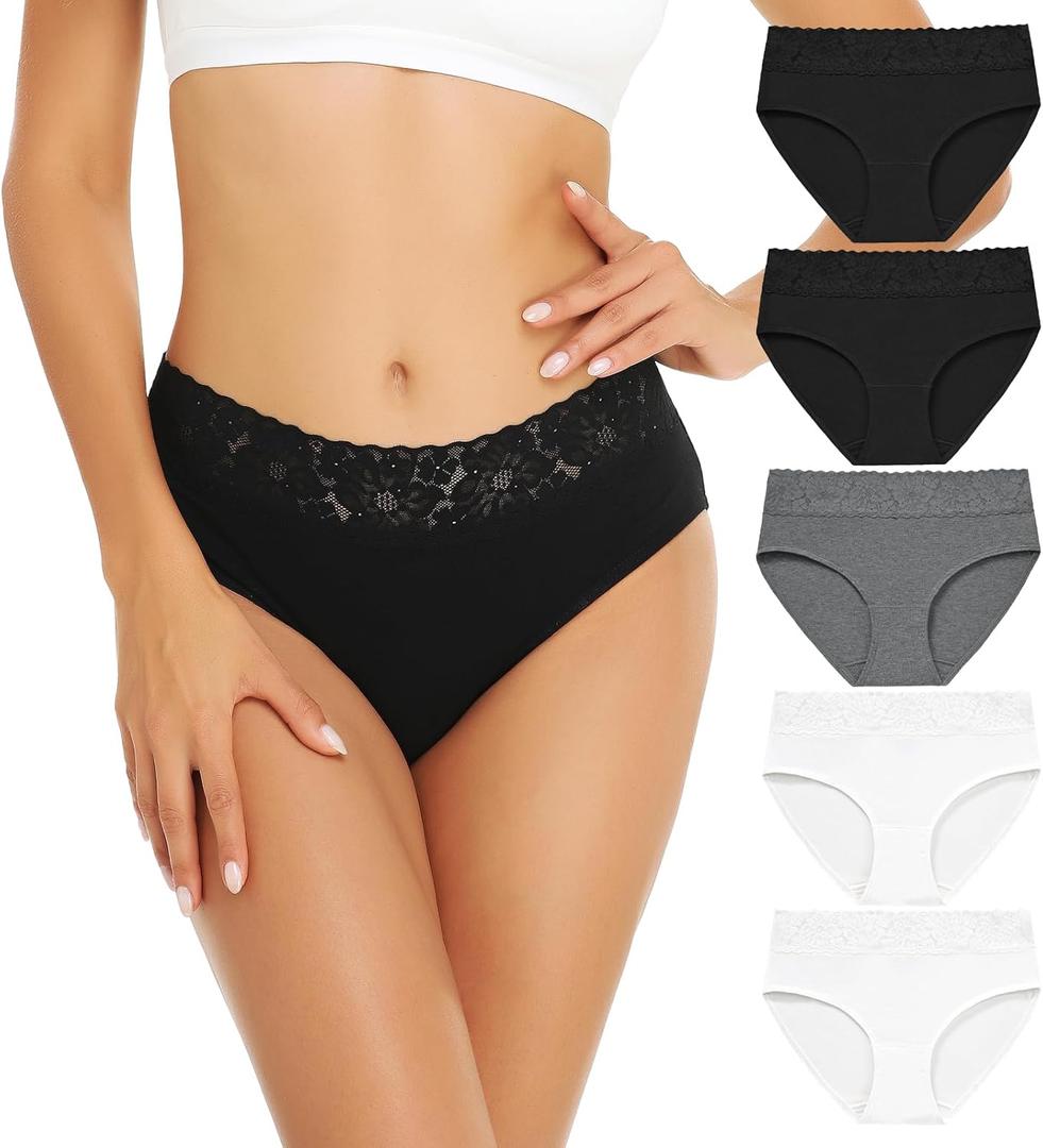 RHYFF Womens Underwear Cotton Bikini Panties Lace Soft Hipster Panty Ladies Stretch Full Briefs 5 Pack (Large)