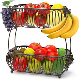 Simple Houseware 2-Tier Countertop Oblate Fruit Basket Holder, Bronze