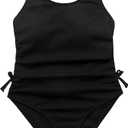 OYOANGLE Girl's Cute Spaghetti Straps Round Neck Drawstring One Piece Swimwear Tie Bathing Suit (Black)