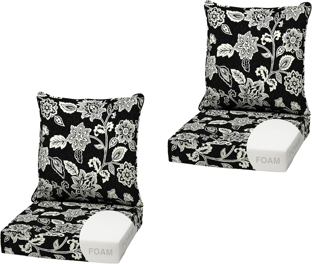 Arden Outdoor Foam Deep Seat Cushion (2-Pack), 22x24, Premium High-Density Foam, Never Flattens, Weather-Proof for Patio Chair Sofa Couch, Ashland Black Jacobean