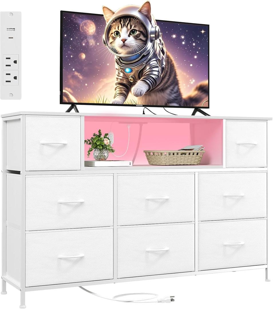 Somdot White TV Stand, Dresser for Bedroom for 55 inch TV with Charging Station and LED Lights, Media Console Table with 8 Drawers, Open Shelf, Adjustable Feet,Living Room Furniture