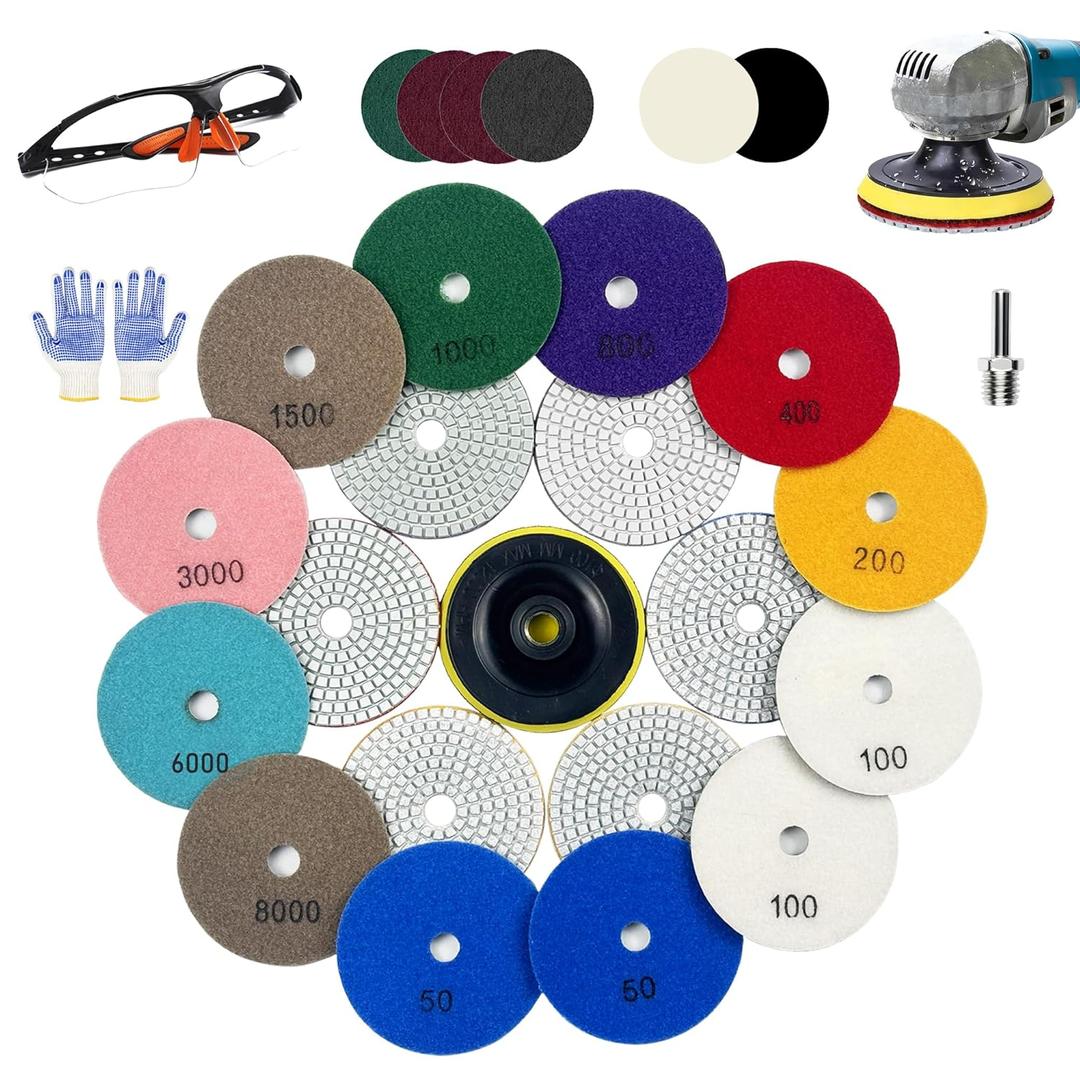 4 Inch Diamond Polishing Pads, 22 PCS 508000 Grit Wet/Dry Granite Stone Polish Pad Kit with 5/8’’11 Backer Pad, Drill Adapter and Wool Disc for Granite Marble Concrete Stone Tile