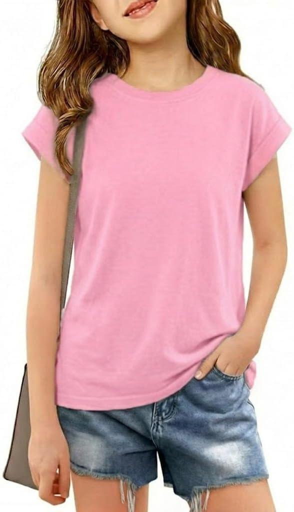 Girls Cap Sleeve T Shirts Kids Summer Crewneck Solid Tops Tees 5-14 Years (Pink)