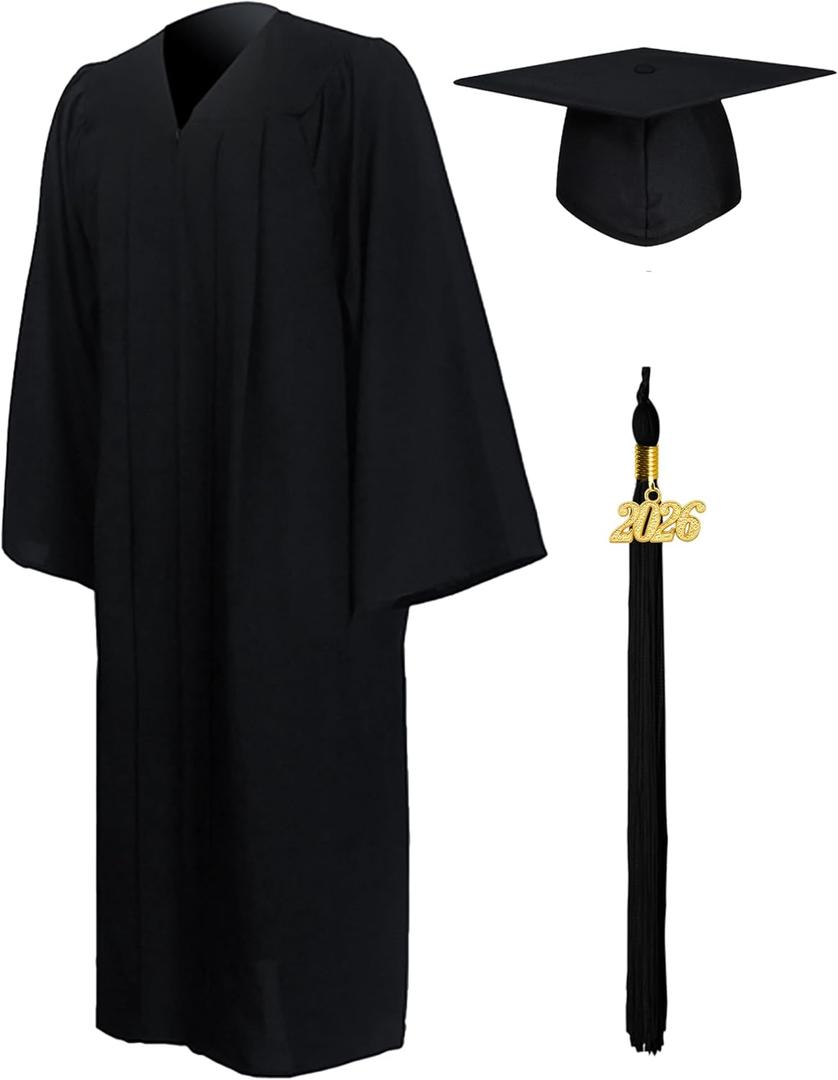 GraduationMall Matte Graduation Gown Cap Tassel Set 2026 for High School and Bachelor (Black, M)