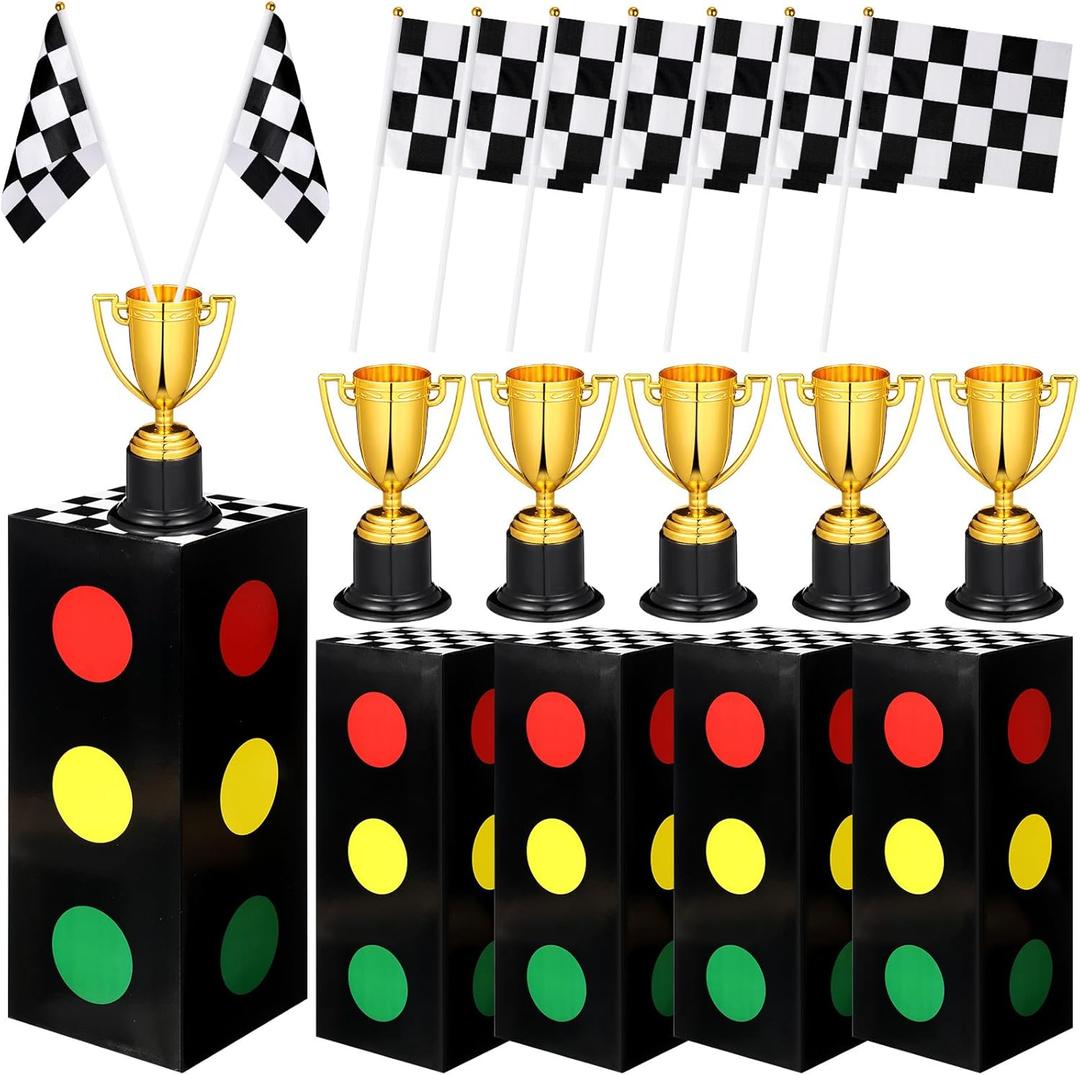 36 Pcs Race Car Party Decorations Set 12 Traffic Light Boxes 12 Racing Checkered Flags and 12 Gold Trophy for Racing Car Theme Birthday Party Supplies Table Centerpiece Decorations