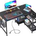 ODK 40 Inch Small L Shaped Gaming Computer Desk with Power Outlets, Reversible Storage Shelves & PC Stand for Home Office, Simple Writing Study Table with Storage Bag for Small Space, Black