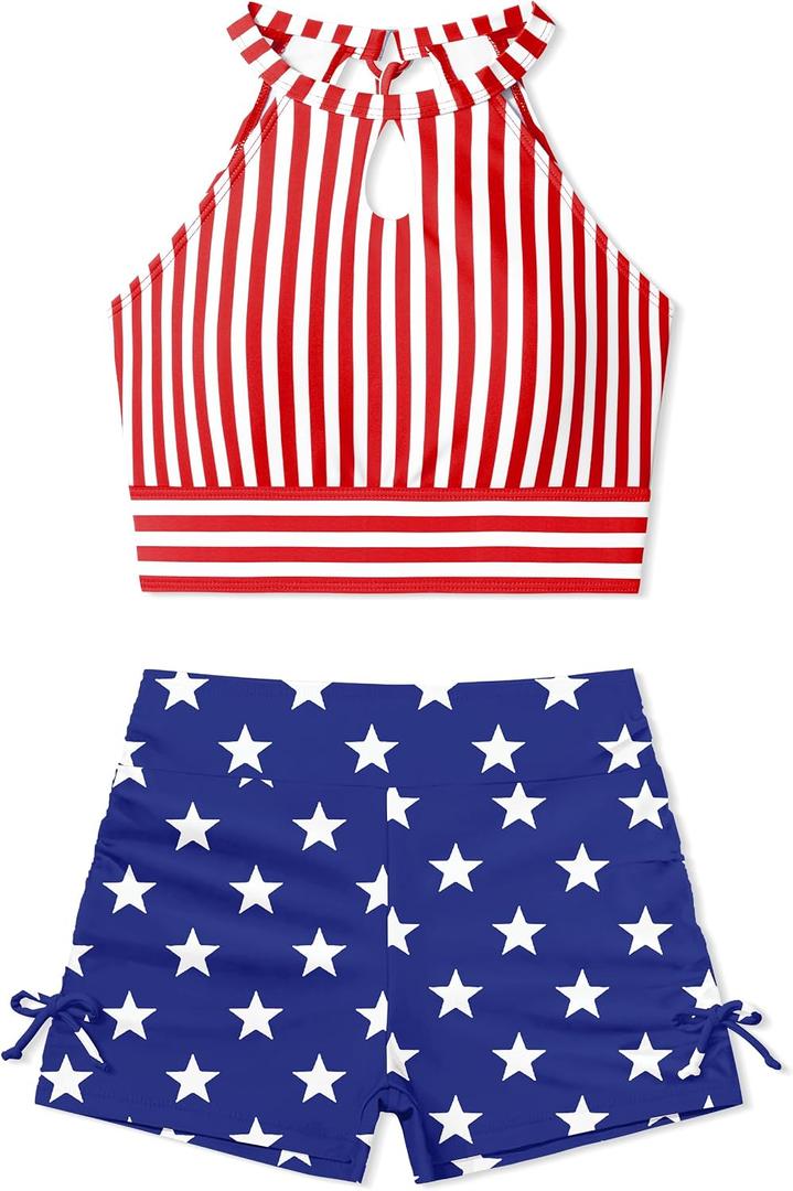 Girls 4th of July Swimsuit Size 8-10 Girls Tankini Swimsuit Blue-White Striped Halter Neck 4th of July Girls Swimsuit US Flag Swim Shorts 2 Piece Girls Swimwear, Size 150