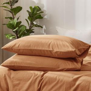 MooMee Bedding Pillowcases Pack of 2 100% Washed Cotton Linen Like Textured Breathable Durable Soft Comfy (Solid Dark Orange, King)