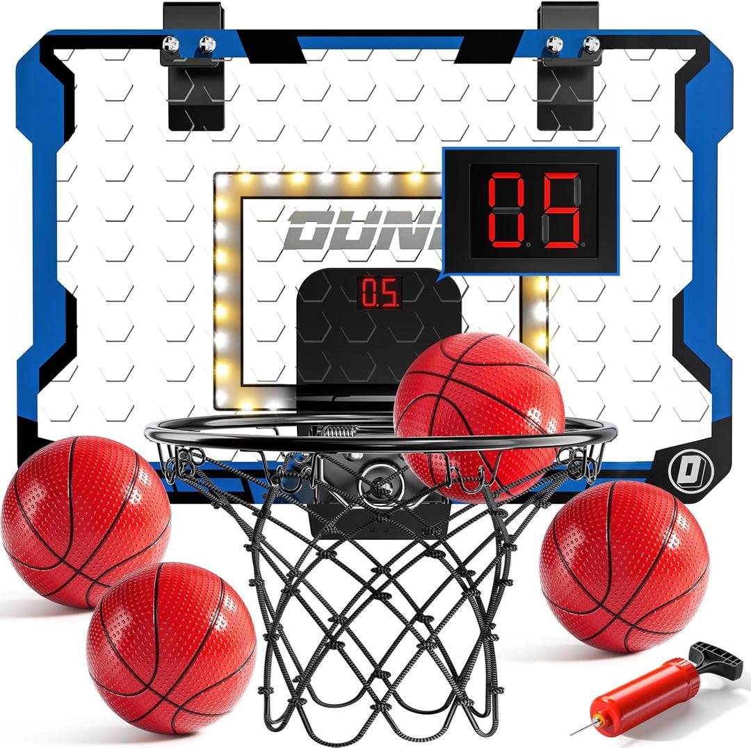 Indoor Basketball Hoop for Kids, Over The Door Mini Basketball Hoops, LED Light Mini Hoop with Scoreboard & 4 Balls, Kids Basketball Hoop Sport Toys Gifts for 5 6 7 8 9 10 11 12+Year Old Boys
