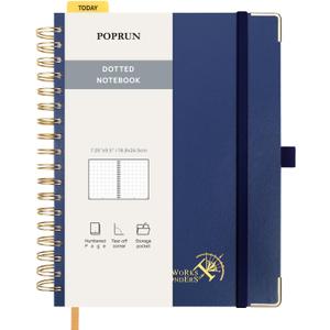 POPRUN Spiral Bullet Dotted Journal Notebook, 7-1/4" x 9-1/2" - 120 GSM Thick Paper, 220 Numbered Pages, Hardcover for Men & Women with Pocket, Index Tabs, 8 Perforated Sheets, Navy Blue