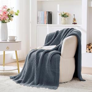 Chunky Knit Dusty Blue Throw Blanket Soft Cozy Decorative Blanket for Couch Sofa Bed Living Room, Spring Throw 50"x60."