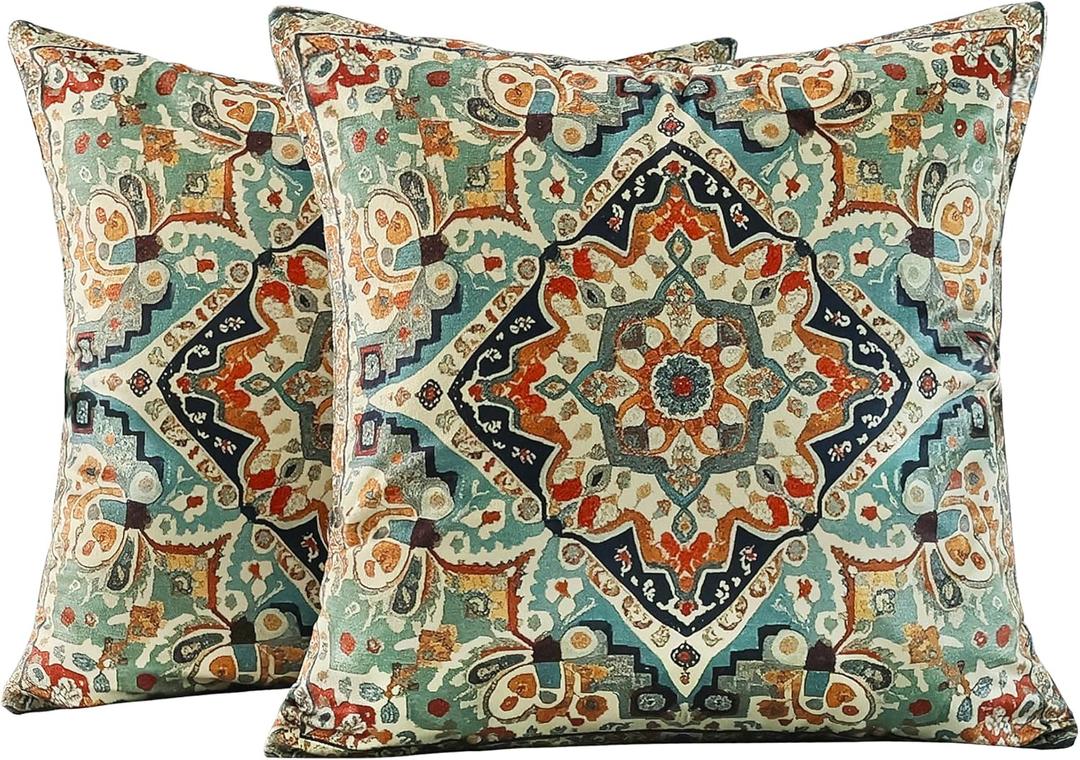 Boho Soft Velvet Throw Pillow Covers 22x22 in Vintage Moroccan Rug Tribal Pattern Pillowcases, Antique Ethnic Decor, Geometric Pattern Cushion Cover for Sofa Living Room, Blue, 2 Pack