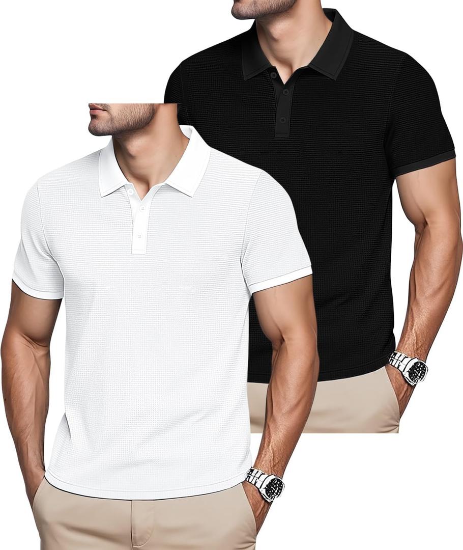 Mens Polo Shirts 2 Pack Breathable Short Sleeve Golf Shirt Casual Button Down Shirt Lightweight Collared Waffle Shirts (Large, Black+white)