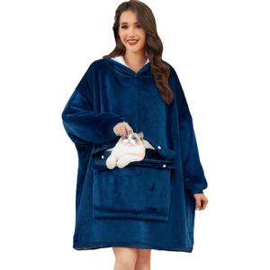 Wearable Blanket Hoodie for Adults Women Men, Oversized Soft Warm Sherpa Fleece Hoodie with Pets Giant Pocket (Navy Marine Blue)