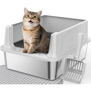 FURTIME Stainless Steel Cat Litter Box with Lid  High-Sided Metal Litter Pan for Small Cats, Kitty Litter Box Non-Stick, Odor-Resistant, Anti-Urine Leakage, Easy to Clean, Includes Scoop and Mat (Medium, Silver)