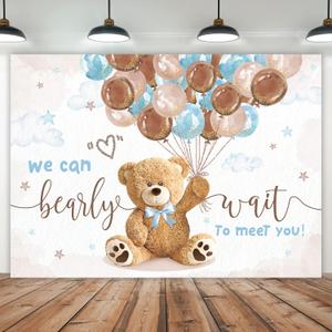 Imirell We Can Bearly Wait Backdrop 10Wx8H Feet Bear Baby Shower for Boys Cute Cartoon Brown Blue Balloons Clouds Gold Dots Vinyl Newborn Photography Backgrounds Photo Shoot Decor Props Decoration (10Wx8H, Extra Large)