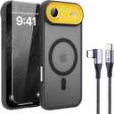 7 x 4 in 1 Magnetic for iPhone Air Case [with 1X Screen Protector, Braided Cable, Removable Lens Case] [Mil-Grade Drop Protection] Shockproof Slim Translucent Matte Protective Phone Case, Black