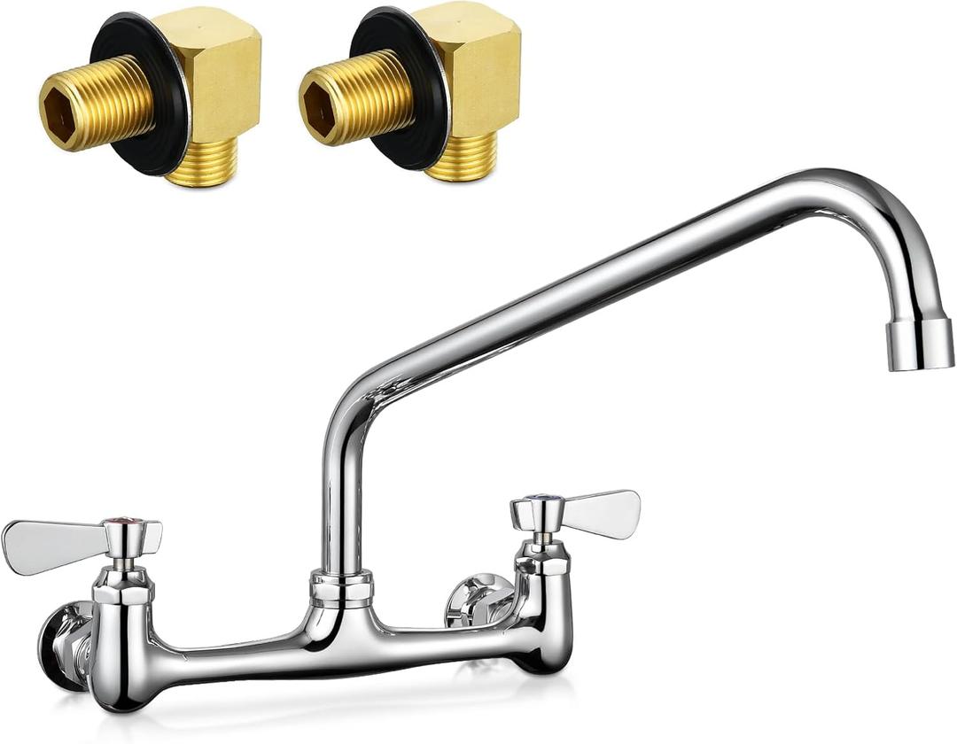 Kitchen Sink Faucet Wall Mount - 8 Inch Center Wall Mount Commercial Kitchen Sink Faucet with 12" Swivel Spout - Dual Lever Handles - Brass Constructed & Chrome Polished