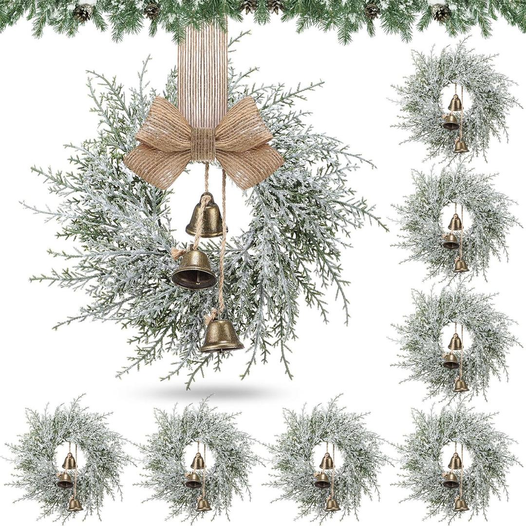 Civaner 8 Pcs Small Christmas Wreath Real Touch 10 Inch Christmas Kitchen Cabinet Wreaths with Bell Mini Wreaths Rustic Farmhouse Decoration for Xmas Front Door Window Home Table Pillar Decor