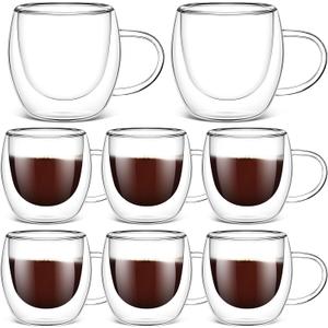 8 Pack 8 oz Glass Coffee Mugs Clear Insulated Glass Espresso Coffee Cups with Handle Cafe Mugs Set Borosilicate Glassware Cups for Tea Latte Hot Iced Beverages