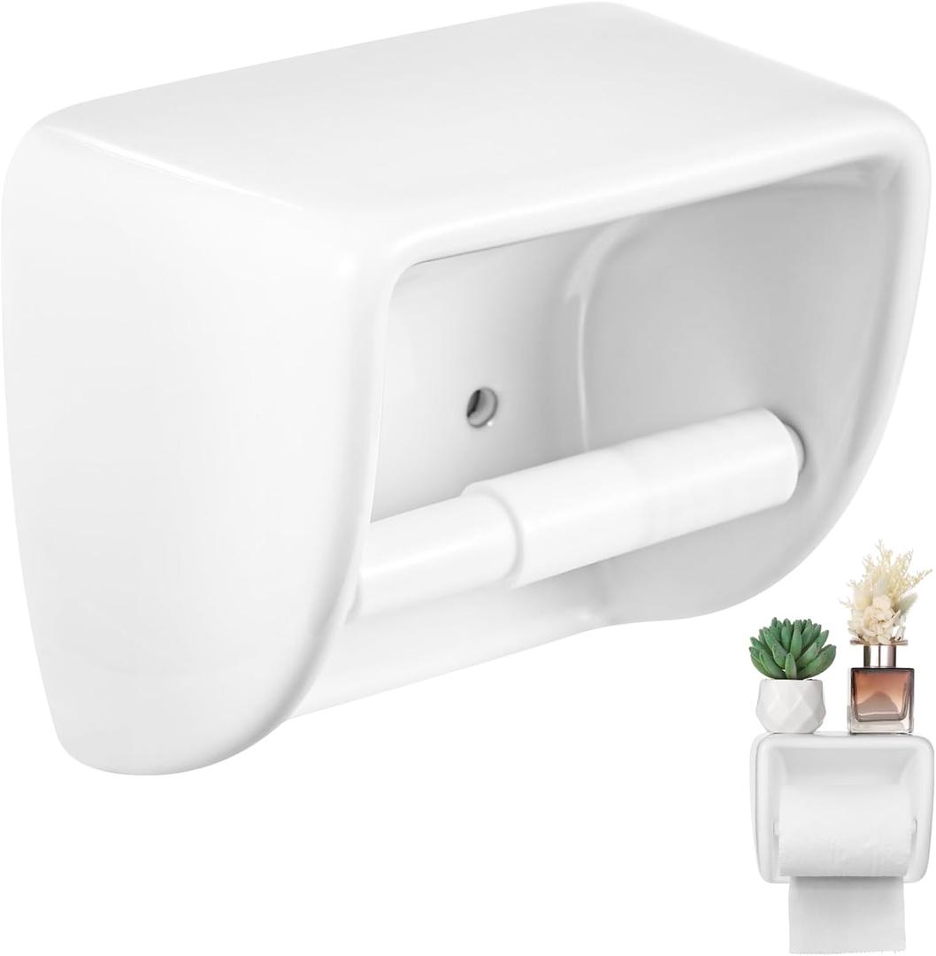 White Ceramic Toilet Paper Holder, Glazed Wall Mounted Tissue Dispenser with Detachable Shaft, Flat Top Shelf, Vintage Style Toilet Roll Holder for Bathroom or Kitchen Use