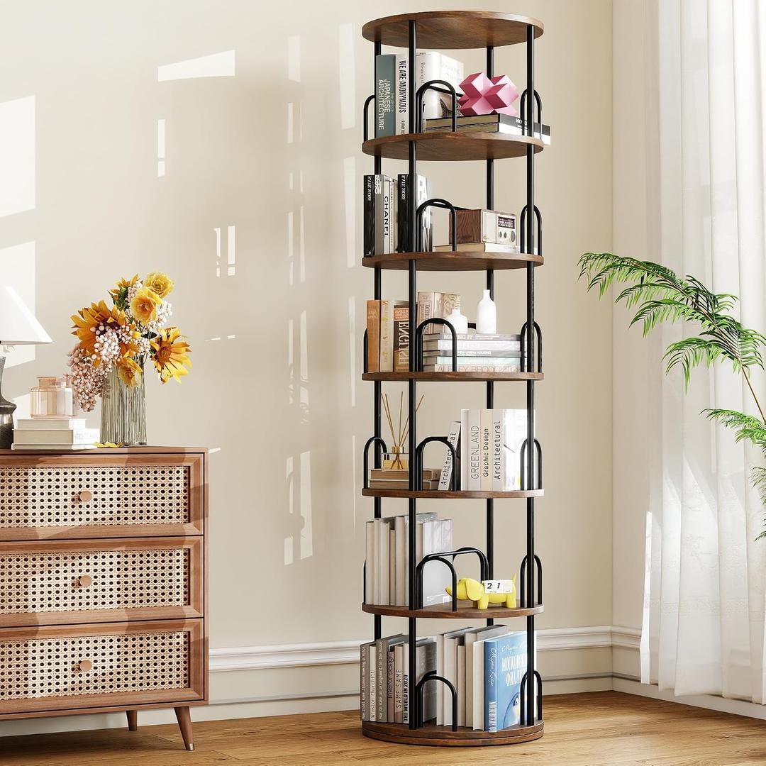 6 Tier Rotating Bookshelf Tower, 360 Display Round Bookcase, Floor Standing Corner Revolving Bookshelf Organizer Storage Rack for Home Study Office, Small Spaces (Black, 6 Tiers)