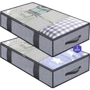 Onlyeasy Foldable Underbed Bags 2 Pack - Blankets Clothes Comforters Storage Bag Breathable Zippered Organizer for Bedroom with Clear Window and 4 Handles, 39.4x19.7x5.9 in, Linen-like Grey, MXDUBBP2