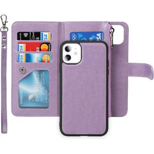 iCoverCase for iPhone 11 Wallet Case with Card Holder and Wrist Strap, PU Leather Kickstand Card Slots Zipper Pocket Magnetic [Detachable] Flip Cover Case 6.1 Inch (Purple)