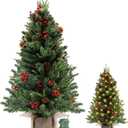3 FT Mini Tabletop Christmas Tree, Artificial Christmas Tree with 80 LED Light Beads and 170 PE+PVC Branch Tips Battery Powered, Pine Cones and Red Berries Included for DIY Xmas Decorations