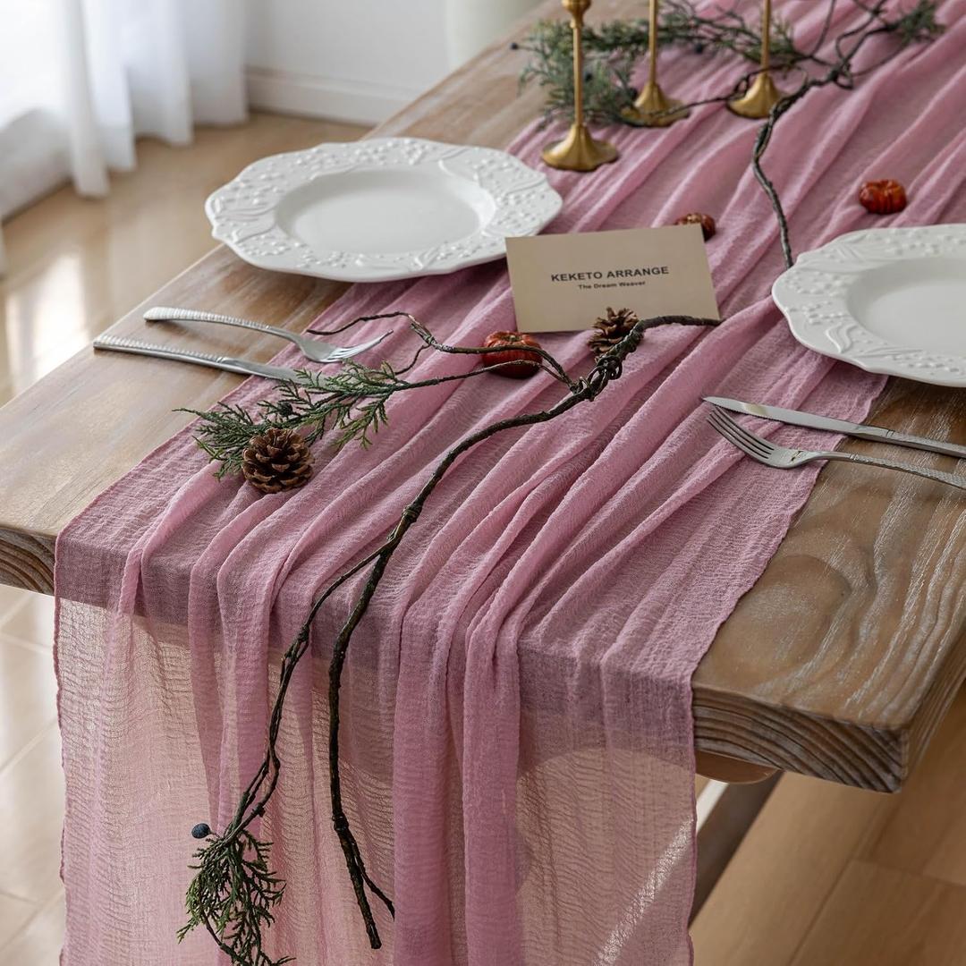 Keketoarrange Dusty Rose Mothers Day Cheesecloth Table Runner Gauze 120 Inch 10 FT Rustic Boho Cheese Cloth Runner for Wedding Baby Shower Bridal Shower Party Sheer Spring Summer Home Decorations