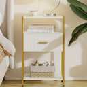 Fluted Nightstand, Modern Side Table with Drawer, White and Gold Bedside Table with Open Shelves for Living Room, Bedroom