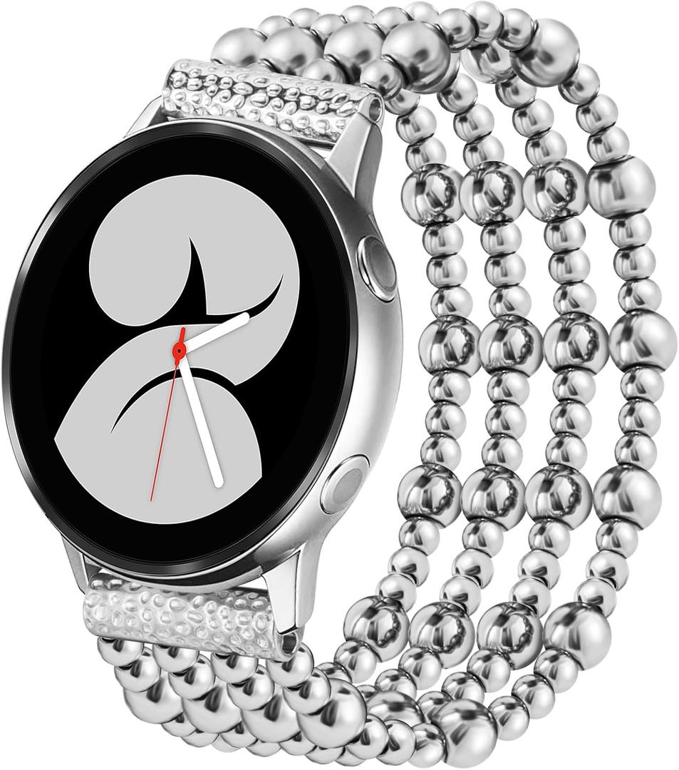 Stainless Steel Beaded Bracelet Compatible with Samsung Galaxy Watch 7 Band/Watch 6/5/4 Band 40mm 44mm/Watch 4 Classic/Active 2/Watch 6 Classic, 20mm Cute Handmade Elastic Strap for Women