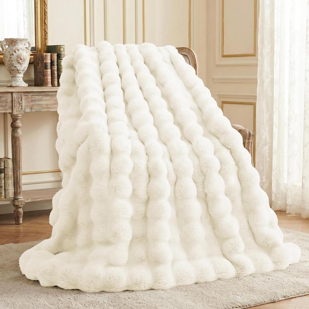 L'AGRATY Faux Fur Throw Blanket: 50" x 60" Luxury Soft Fluffy Thick Rabbit Fur Blankets for Couch Bed Sofa - Cozy Plush Bubble Blankets for Winter: Warm Flannel Fleece Decorative Blanket(Cream White)