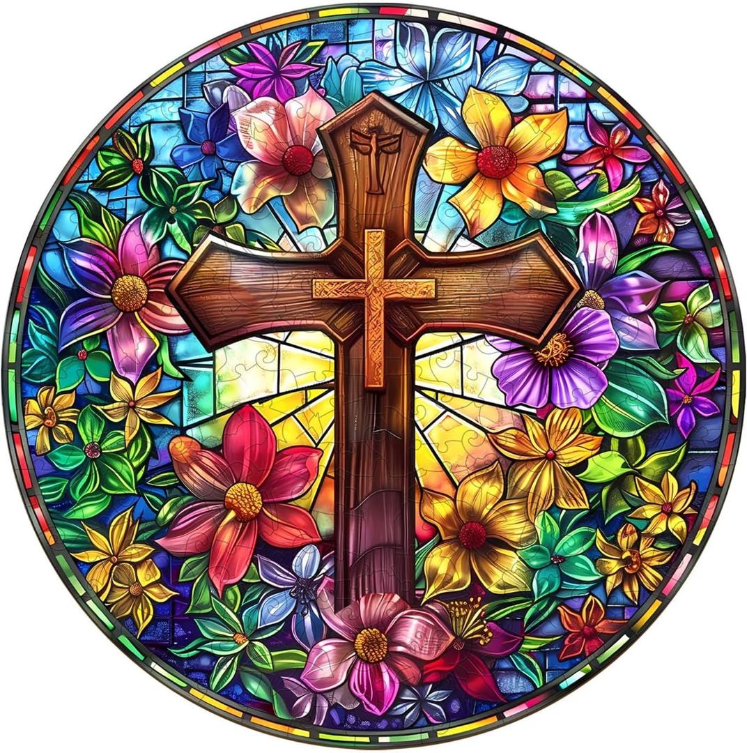 Jigfoxy Wooden Puzzles for Adults, Stained Glass Cross Jigsaw Puzzle with Unique Animal Shaped Pieces, Christian Religious Craft, Christmas Thanksgiving Gift (S-8.5 * 8.5in-100pcs)