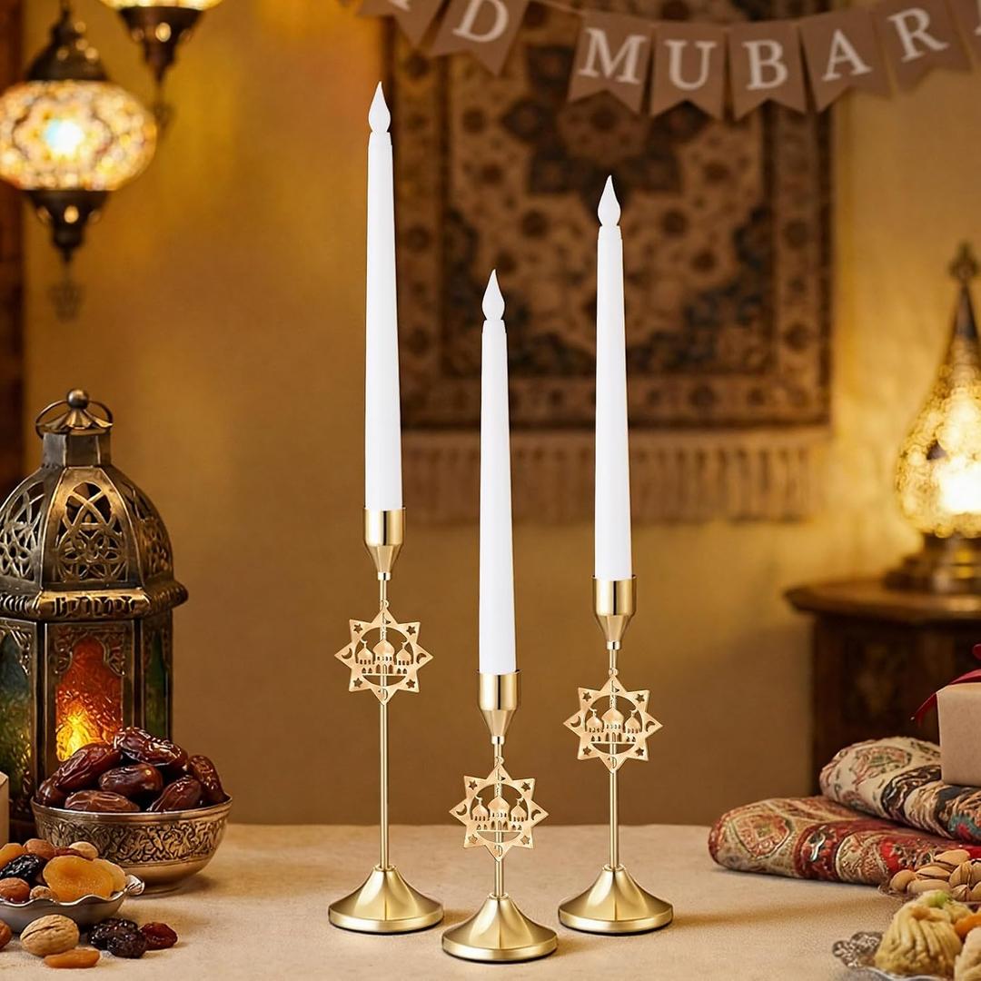 Ceenna 3 Pcs Ramadan Candle Holders, 3 Size Mosque Candlestick Holders, Gold Candle Holder for Eid Mubarak Ramadan Decorations Table Centerpiece Mantel Decor Housewarming Gifts