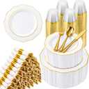 700 Piece White and Gold Plastic Dinnerware Set for 100 Guests