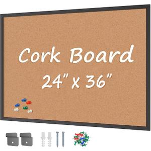 Cork Board Bulletin Board 24 x 36, Black Wood Framed 2x3 Corkboard, Office Board for Wall Cork, Large Wall Mounted Notice Pin Board with 16 Push Pins for School, Home & Office