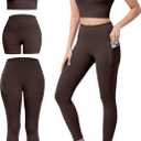 3 Piece Workout Sets for Women High Waisted Leggings with Pockets Tummy Control Biker Shorts Yoga Sports Bra (Brown, Large)